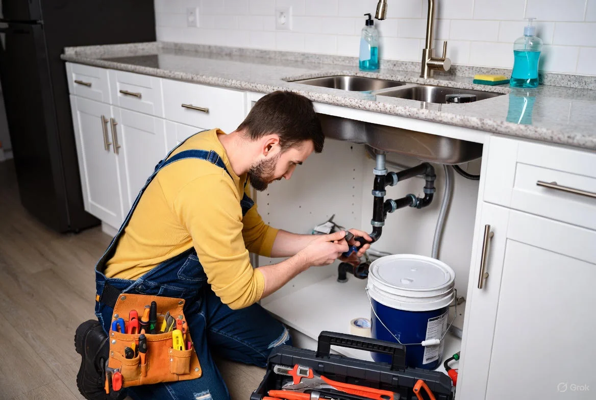 Plumber inspecting pipes under sink